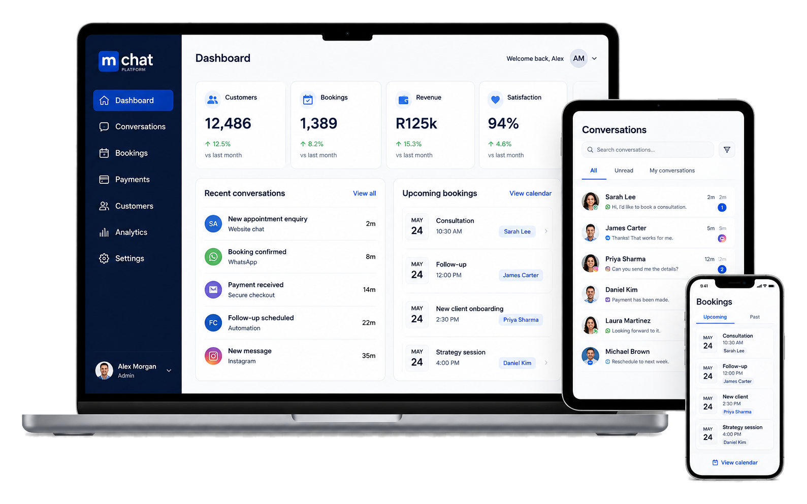M-Chat dashboard across desktop, tablet and mobile